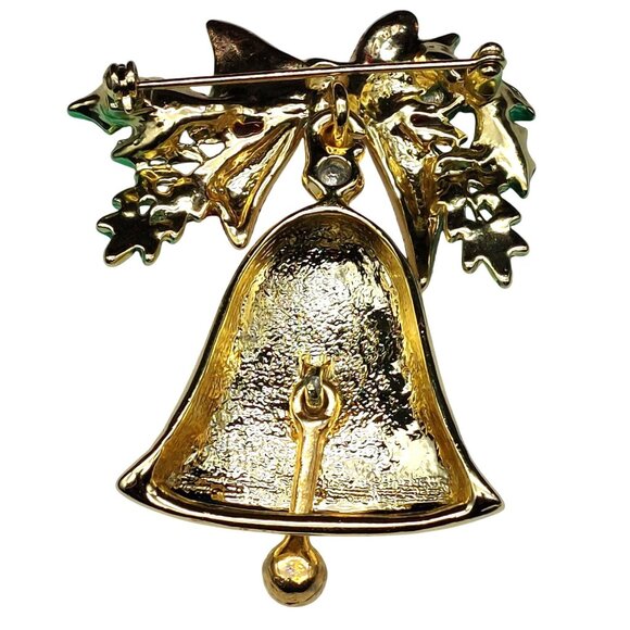 Vintage Gold-Tone Christmas Bell Brooch With Glittery Red Bow & Green Holly Leav - Picture 2 of 3